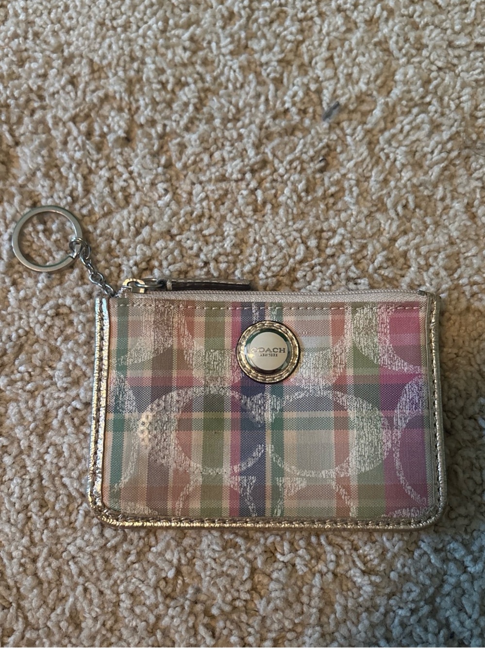 Coach Pastel Plaid Card Case Key Holder with Gold Trim